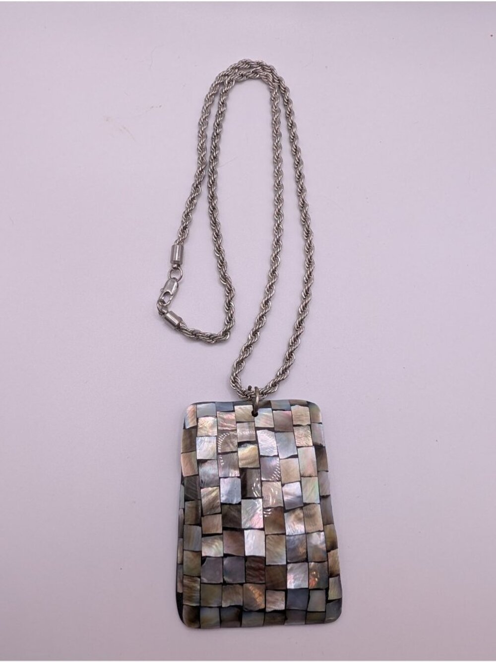 Vintage Mother of Pearl/Abalone Shell Mosaic Pendant with Silver-tone Chain